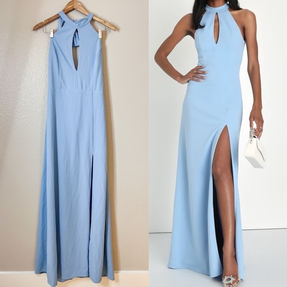 Striking Elegance Light Blue Bow Backless Halter Maxi Dress - Picture 1 of 6
